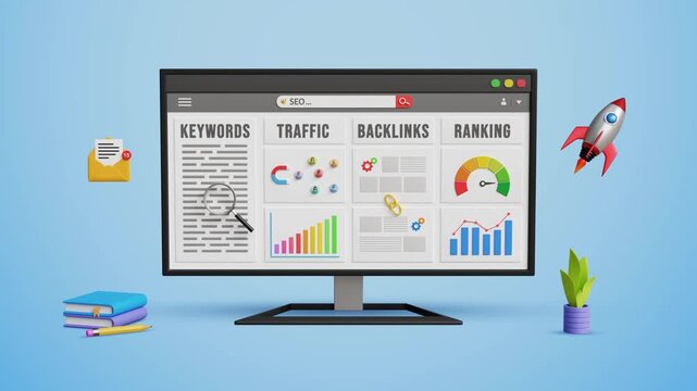 Boost Website Ranking, SEO Growth, Powerful SEO Strategies, High-Quality Backlinks, Fast Performance, Keyword Optimization, and Organic Traffic. Tracking Website Ranking on Computer. 3D Animation