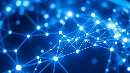 Abstract digital network with glowing blue and white nodes, illustrating connectivity and technology.