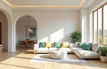 Light filled modern living room with sectional sofa mint and yellow pillows. Open archway leads to dining area with wooden table. Large windows offer treetop views. Stylish home interior design.