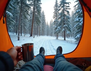 Man relaxes in a tent with a warm drink. He enjoys the snowy forest view. Winter camping in a national park with trees and cold weather. Travel tourism adventure awaits.