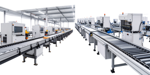 Automated Factory Conveyor System With Industrial Machines on Transparent Background