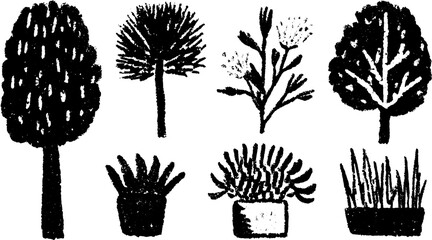 Fototapeta premium Vector illustration featuring a set of various plants and trees. Simple black and white botanical graphics in a minimal style.