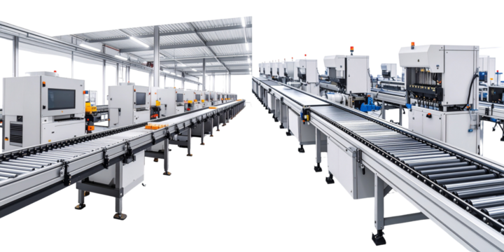 Automated Factory Conveyor System With Industrial Machines on Transparent Background