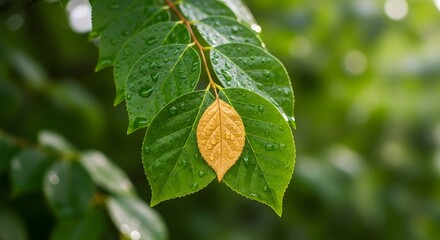 Close-up of vibrant green leaves with one yellow leaf in the center, covered in water droplets, showcasing the beauty of nature and plant life after rain
