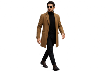 Walking man in brown coat, sunglasses, isolated on transparent background.
