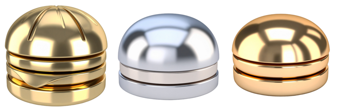 Three Metallic Objects In Gold Silver And Bronze Colors With Reflective Surfaces Isolated Against Transparent Background