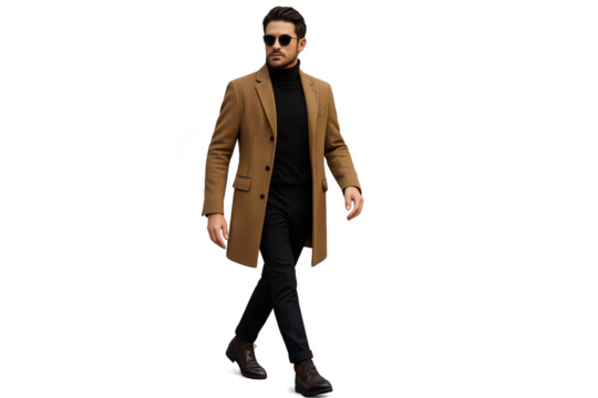 Walking man in brown coat, sunglasses, isolated on transparent background.
