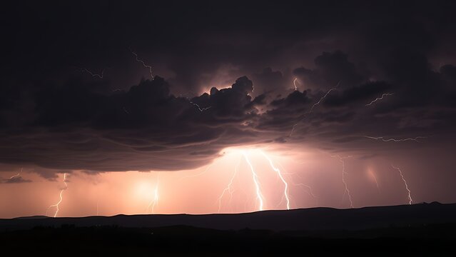 A dramatic lightning storm illuminates a dark landscape, capturing the raw power of nature with glowing cloud details.