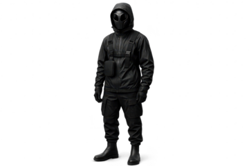 Mysterious techwear figure, alien-like mask, isolated on transparent background.