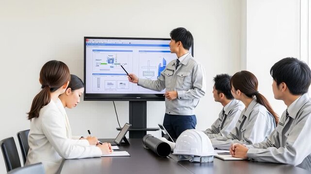 会社でプレゼンする作業着のビジネスパーソン
