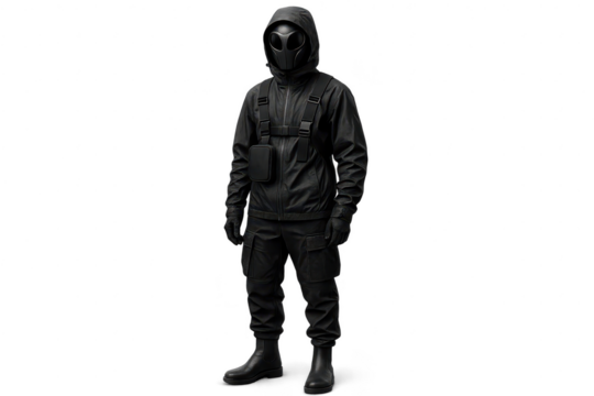 Mysterious techwear figure, alien-like mask, isolated on transparent background.