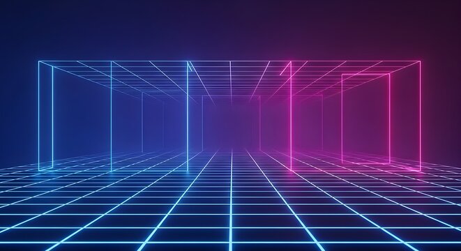 Futuristic neon grid room with blue and pink glowing cubes