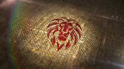 Lion head africa symbol sign stamp on natural linen sack. Romantic lipstick xoxo 3D  design abstract concept. Looped and seamless animation.