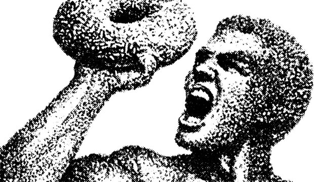 Man holding a donut in silhouette style. A vintage engraving vector illustration showcasing the figure in black line art.