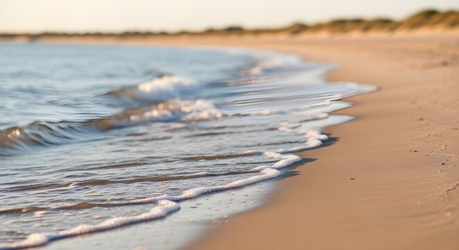 Gentle ocean waves washing onto a sandy beach at sunset - Powered by Adobe