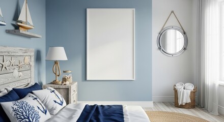 Modern coastal-inspired bedroom with nautical decor and calming color scheme for relaxation and © Marjorie
