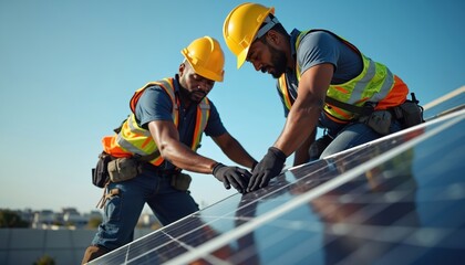 Two african american men install solar panels on a building roof. They wear safety vests and helmets, working together on clean energy project. Future power is here.