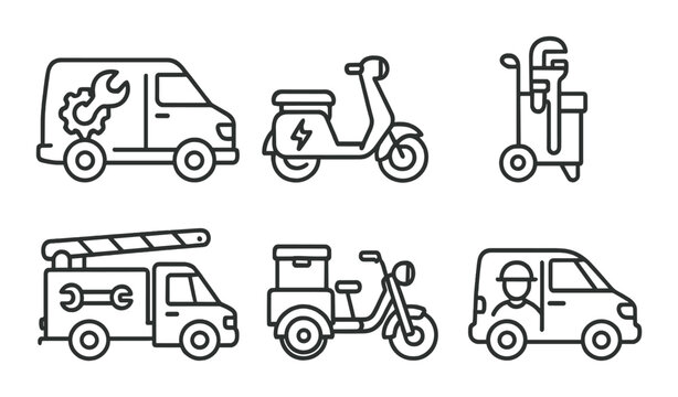 Vector outlined service vehicles and tools representing various delivery and repair services