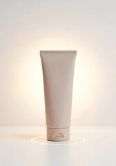 A close-up studio shot of a beige cosmetic tube on a white surface with a soft glow.