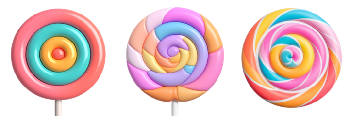 Three Swirled Lollipops In Pastel Colors With Circular Designs On Transparent Background