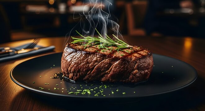 Sizzling Grilled Steak with Rosemary, Steam, and Elegant Plate Presentation