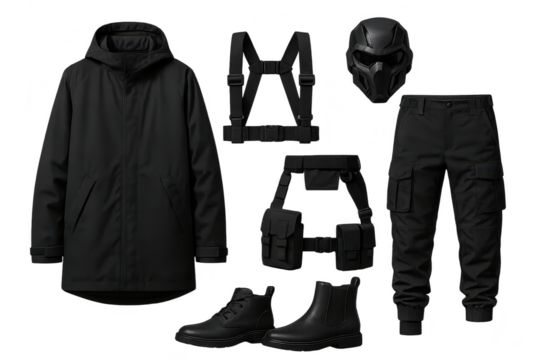 Black tactical gear and apparel, isolated on transparent background, sleek.