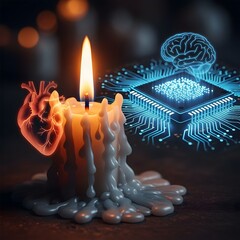 A candle with melting wax positioned next to a digital illustration of a brain and circuit board, symbolizing the connection between human cognition and technology