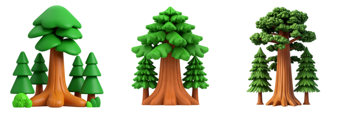 Stylized Green Trees And Brown Trunks In Forest Scene Against Transparent Background - Powered by Adobe