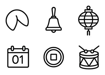 Asian cultural icons: fortune cookie, bell, lantern, calendar, coin, drum
