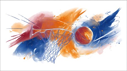 Dynamic basketball illustration captures action energy vibrant watercolor splashes celebrate sports motion art