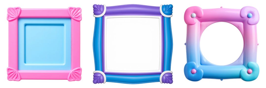 Collection Of Decorative Frames In Pink Blue And Purple Colors With Floral Ornaments And Transparent Background - Powered by Adobe