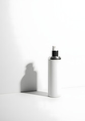 Minimalist white cylindrical spray bottle with a black and white cap, casting a shadow on a clean white background, studio shot.