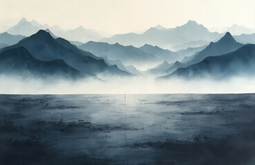 Obraz premium Misty blue mountains rise in layers above calm water. Traditional ink wash painting style creates serene atmosphere. Fog obscures distant peaks in this oriental landscape.