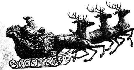 Sleigh drawn by four reindeer with Santa. Black and white vector illustration representing winter and holiday themes in a festive set.