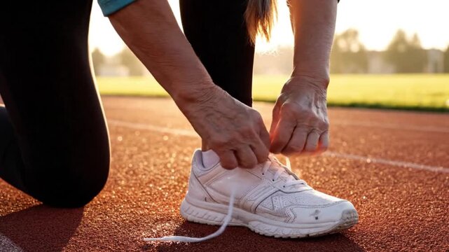Senior Athlete Tying Running Shoe Lace on Track at Golden Hour - Fitness, Motivation, and Active Lifestyle