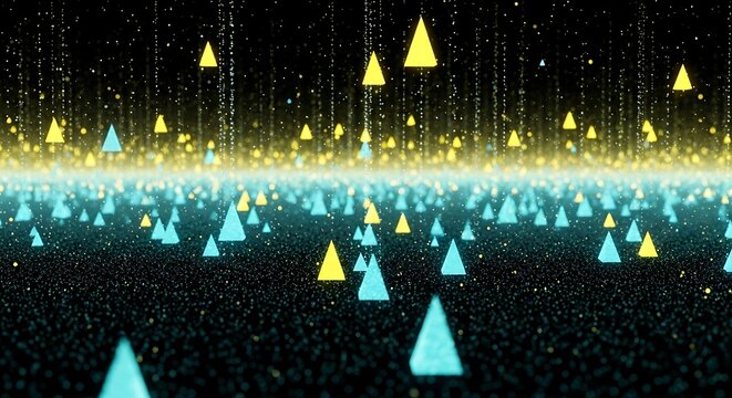 Dazzling geometric landscape with vibrant floating triangles and particles