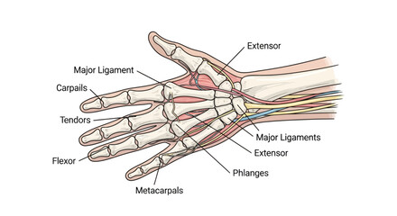 Detailed Anatomy of the Human Hand Bones, Ligaments, Tendons and Muscles Illustration