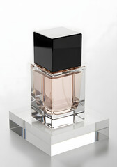Elegant perfume bottle with black cap on clear display stand.