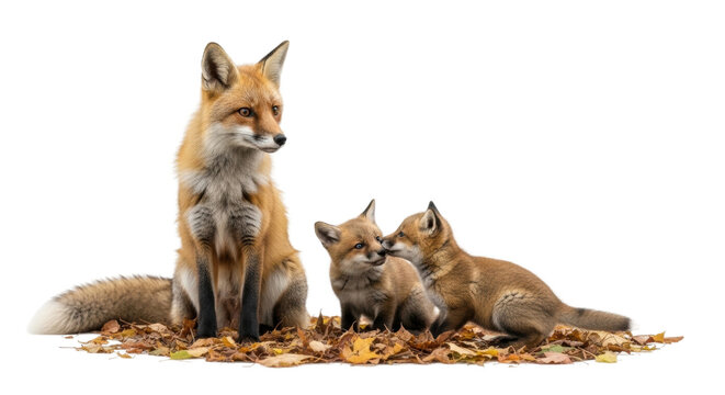 Adult red fox with two kits in autumn leaves