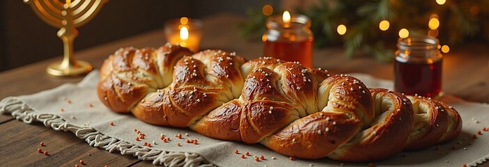 Festive holiday bread with braided challah and hanukkah decorations