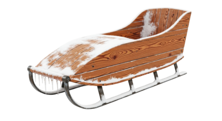 Wooden snow-covered sled with metal runners