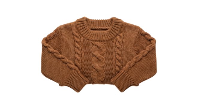 Cozy brown cable knit sweater with intricate braided patterns