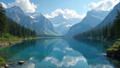 Blue mountain lake reflects sky, snowy peaks. Green forest surrounds calm water. Nature landscape shows serene beauty on sunny summer day. Peaceful outdoor scene in untouched wilderness with majestic