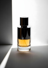 An elegant glass bottle of perfume with a black cap, showcased in a minimalist setting with dramatic light and shadows.