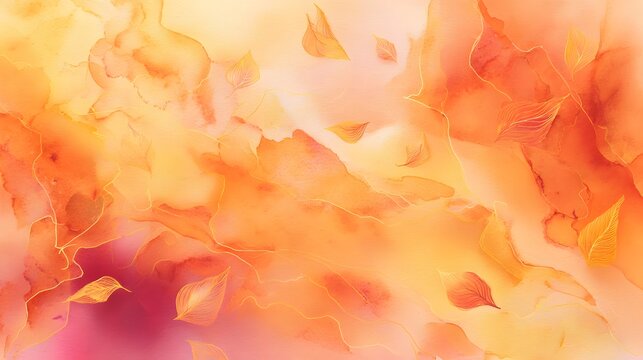 Warm autumn watercolor illustration evokes a serene fall landscape of flowing orange and gold hues