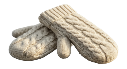 Cozy winter knit mittens with cable pattern design in soft beige hue