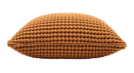 Textured brown pillow with crochet design on black background