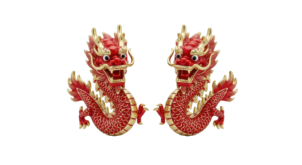 Dual red dragons with golden accents on black background
