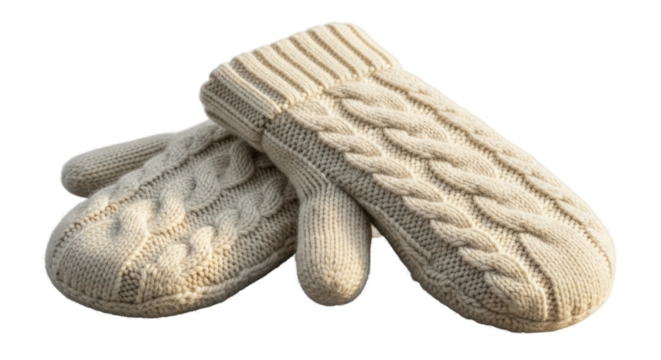 Cozy winter knit mittens with cable pattern design in soft beige hue