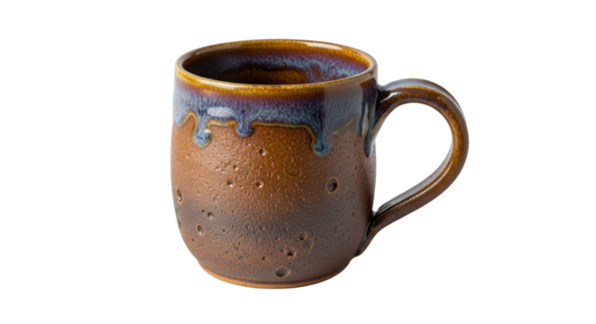 Rustic ceramic mug with drip design on white background